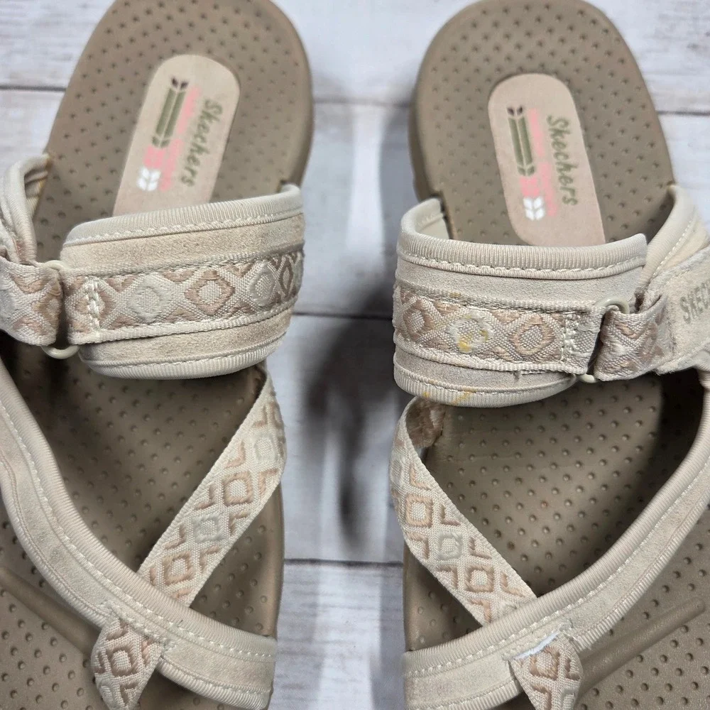Skechers Reggae Slim Strappy Thong Sandal Women 11 Natural Beige 40798 Geometric